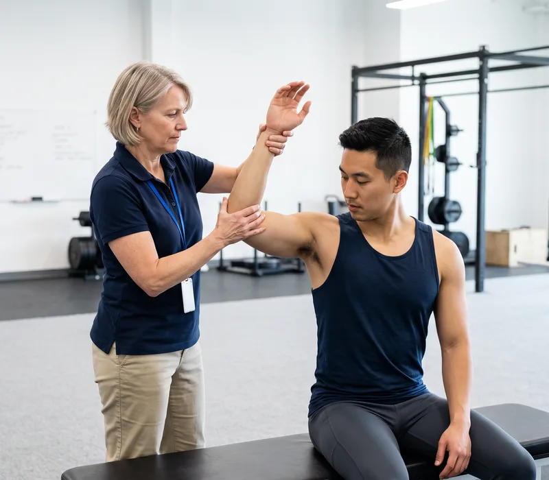 Therapist guiding a patient through a seated arm range-of-motion assessment