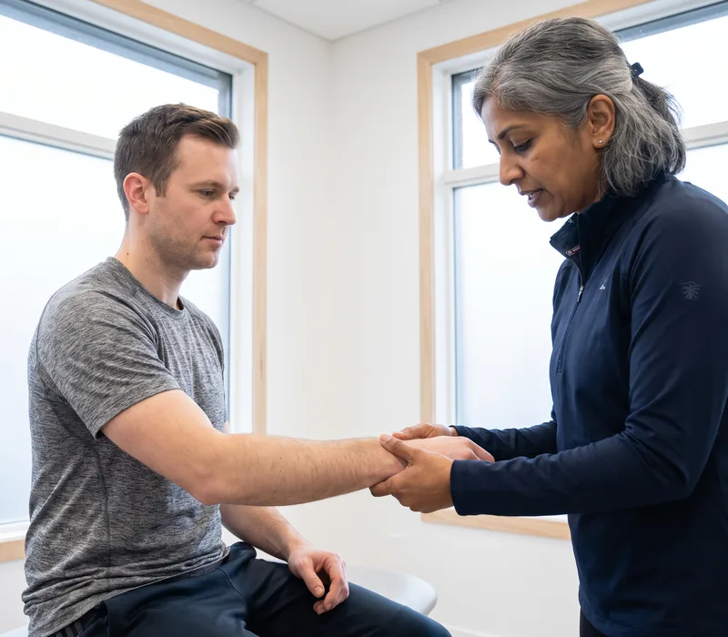 Therapist assessing a patient's forearm and wrist