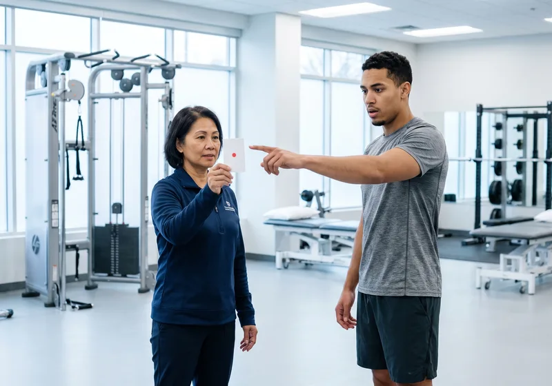 Therapist guiding a patient through a vestibular gaze-tracking exercise