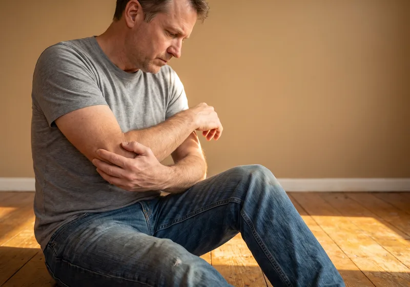 Patient holding an elbow affected by tendinitis